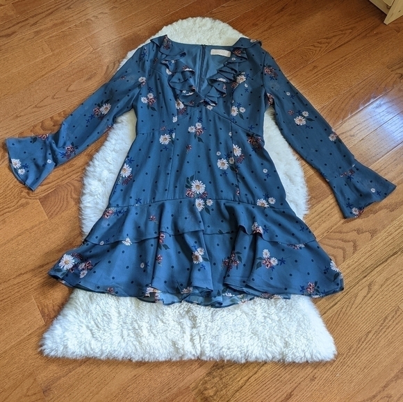Keepsake Run Free Dark Slate Blue Floral Print Ruffled Long Sleeve Dress xl - Picture 5 of 16